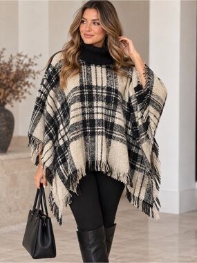 Plaid Turtleneck Fringe Poncho Sweater - Black & Cream